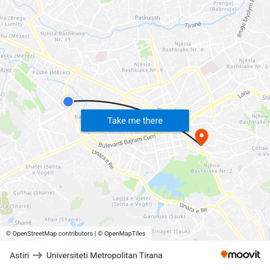 Astiri to Universiteti Metropolitan Tirana map