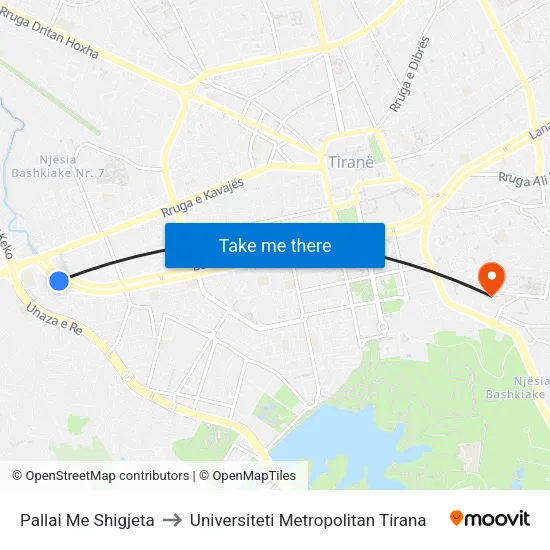 Pallai Me Shigjeta to Universiteti Metropolitan Tirana map