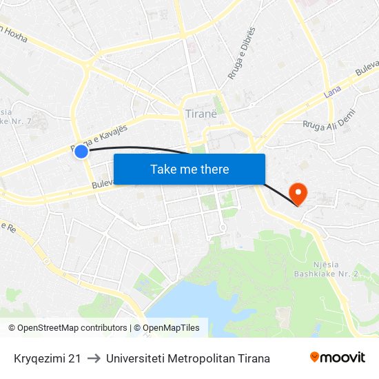 Kryqezimi 21 to Universiteti Metropolitan Tirana map