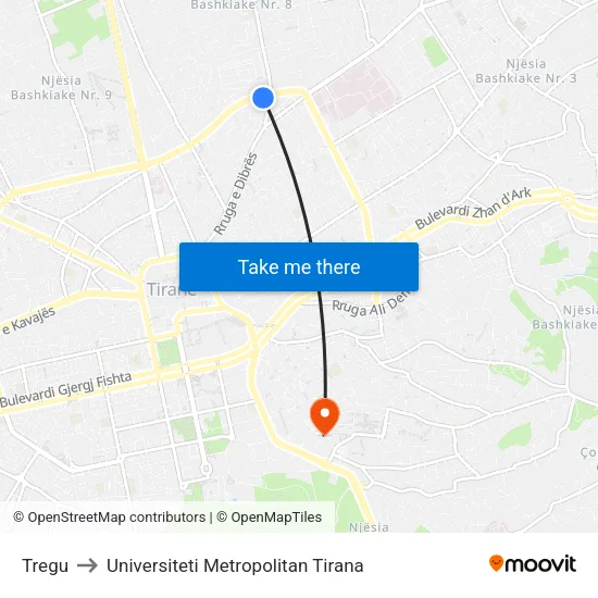 Tregu to Universiteti Metropolitan Tirana map