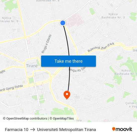 Farmacia 10 to Universiteti Metropolitan Tirana map