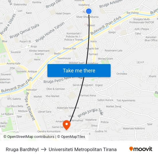 Rruga Bardhhyl to Universiteti Metropolitan Tirana map