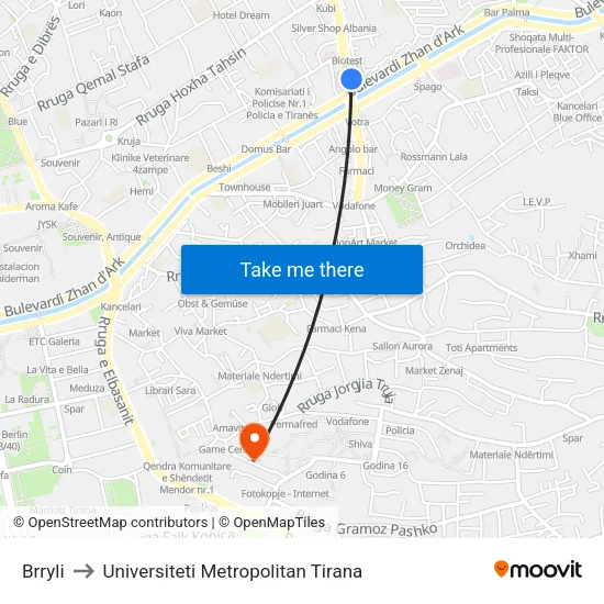 Brryli to Universiteti Metropolitan Tirana map