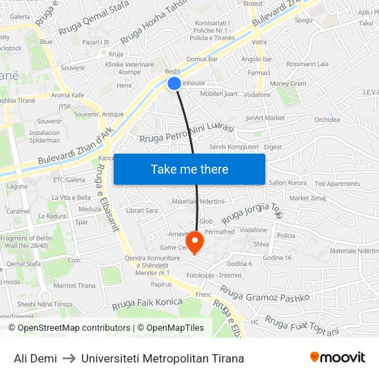 Ali Demi to Universiteti Metropolitan Tirana map