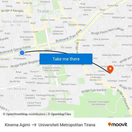 Kinema Agimi to Universiteti Metropolitan Tirana map