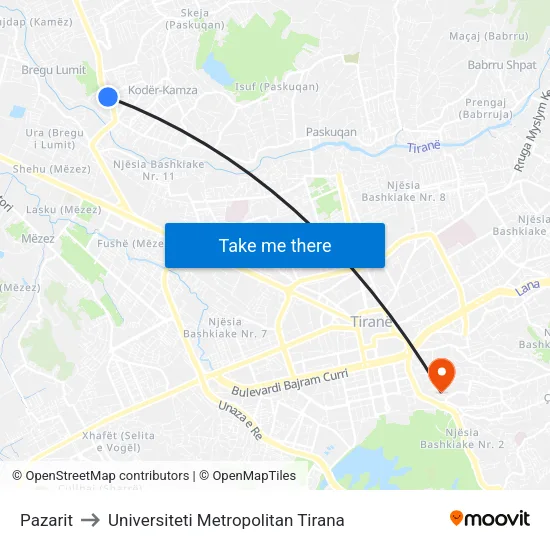 Pazarit to Universiteti Metropolitan Tirana map