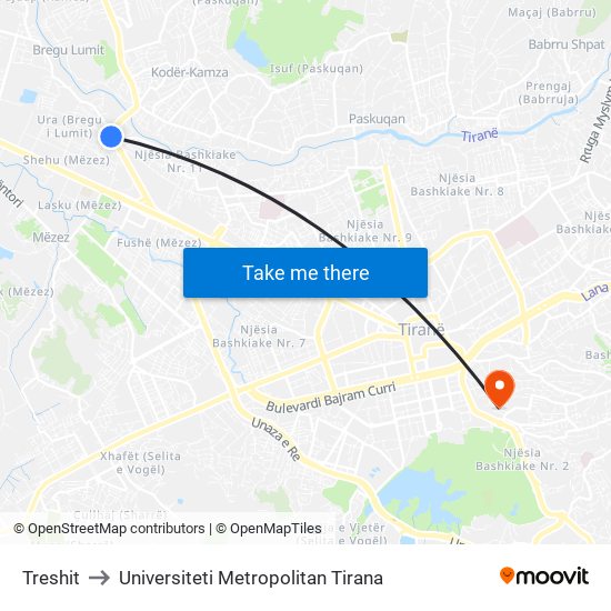 Treshit to Universiteti Metropolitan Tirana map