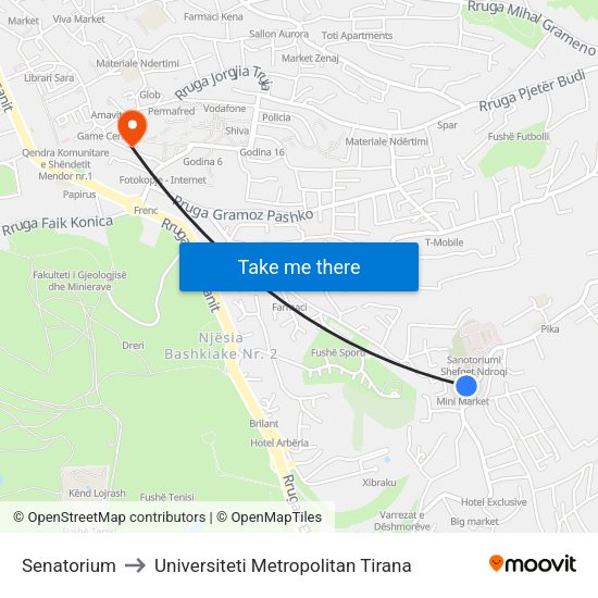 Senatorium to Universiteti Metropolitan Tirana map