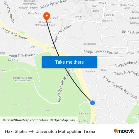 Haki Shehu to Universiteti Metropolitan Tirana map