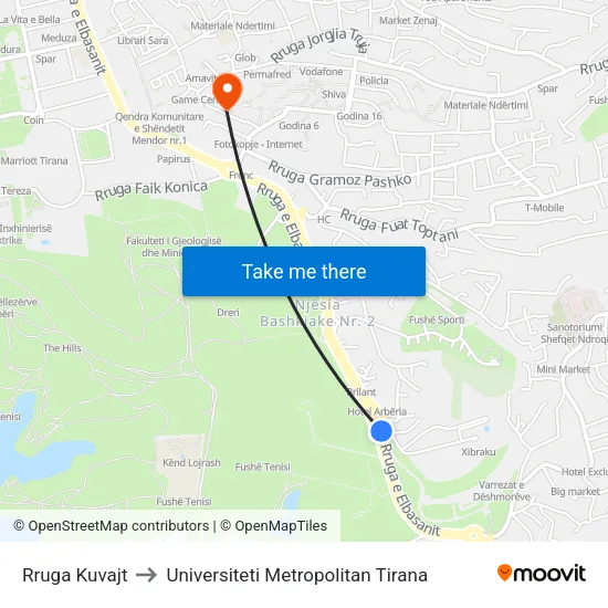 Rruga Kuvajt to Universiteti Metropolitan Tirana map