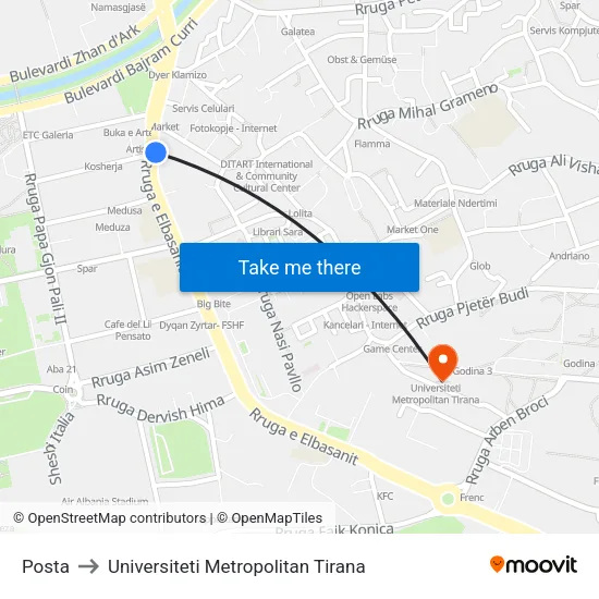 Posta to Universiteti Metropolitan Tirana map