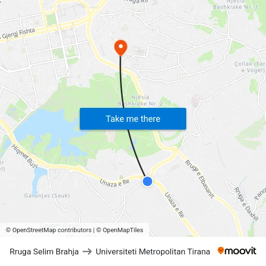 Rruga Selim Brahja to Universiteti Metropolitan Tirana map