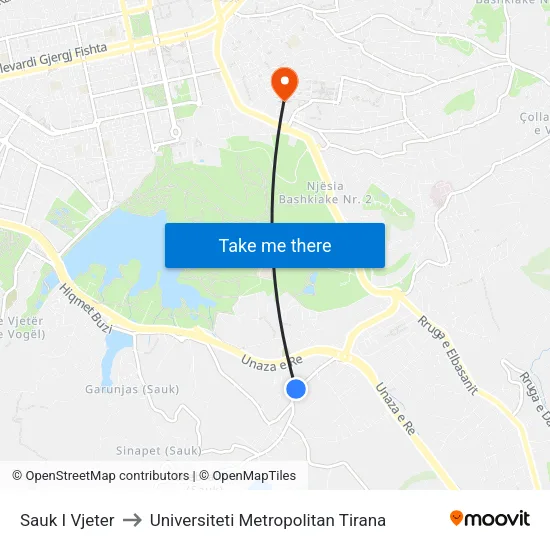 Sauk I Vjeter to Universiteti Metropolitan Tirana map