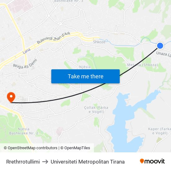 Rrethrrotullimi to Universiteti Metropolitan Tirana map