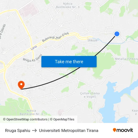 Rruga Spahiu to Universiteti Metropolitan Tirana map