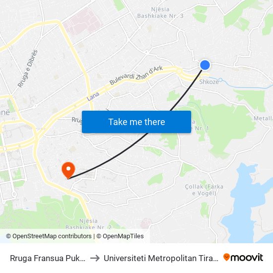 Rruga Fransua Pukvil to Universiteti Metropolitan Tirana map