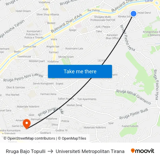 Rruga Bajo Topulli to Universiteti Metropolitan Tirana map