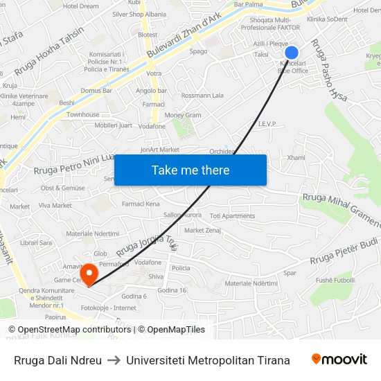 Rruga Dali Ndreu to Universiteti Metropolitan Tirana map