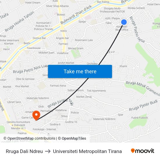 Rruga Dali Ndreu to Universiteti Metropolitan Tirana map