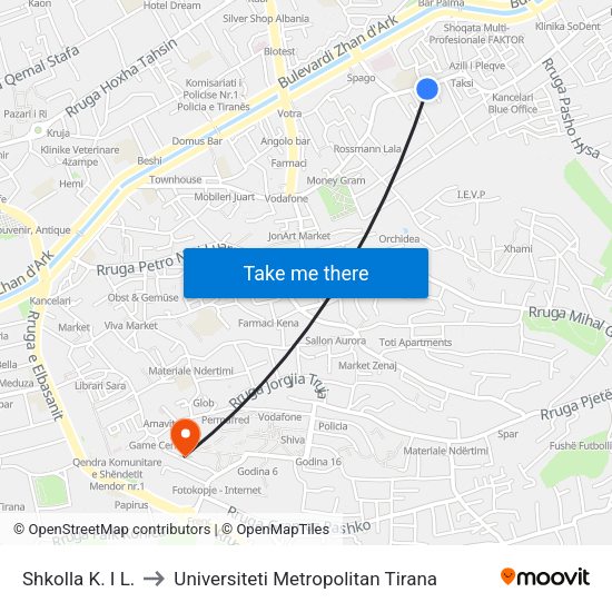 Shkolla K. I L. to Universiteti Metropolitan Tirana map