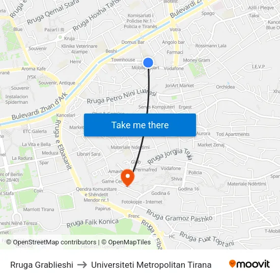Rruga Grablieshi to Universiteti Metropolitan Tirana map