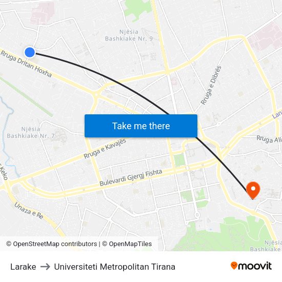 Larake to Universiteti Metropolitan Tirana map