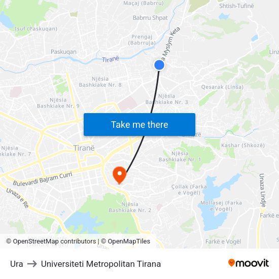 Ura to Universiteti Metropolitan Tirana map