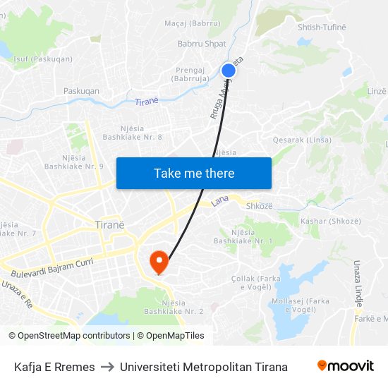 Kafja E Rremes to Universiteti Metropolitan Tirana map