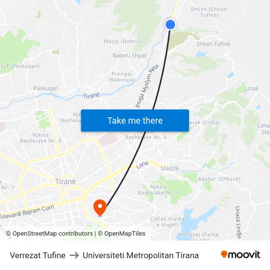 Verrezat Tufine to Universiteti Metropolitan Tirana map