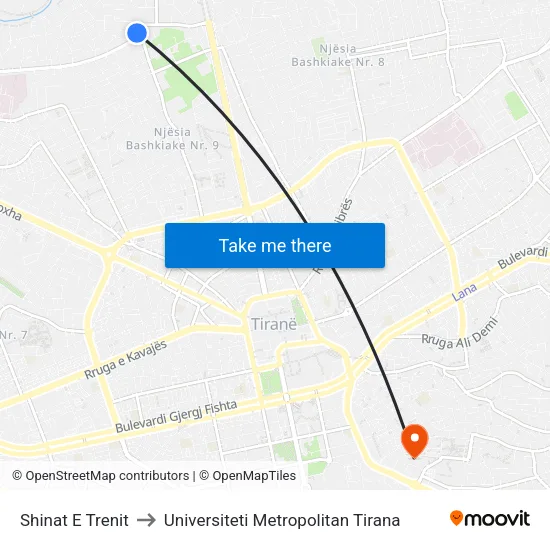 Shinat E Trenit to Universiteti Metropolitan Tirana map