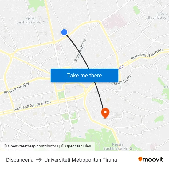 Dispanceria to Universiteti Metropolitan Tirana map