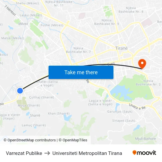 Varrezat Publike to Universiteti Metropolitan Tirana map