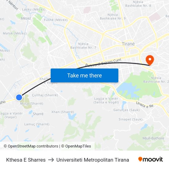 Kthesa E Sharres to Universiteti Metropolitan Tirana map