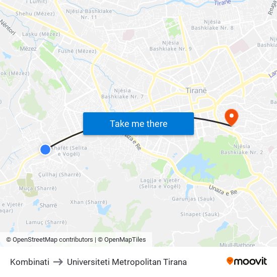 Kombinati to Universiteti Metropolitan Tirana map