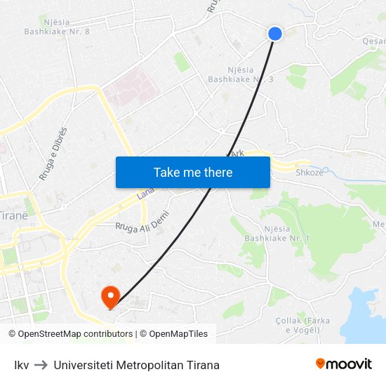 Ikv to Universiteti Metropolitan Tirana map