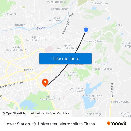 Lower Station to Universiteti Metropolitan Tirana map