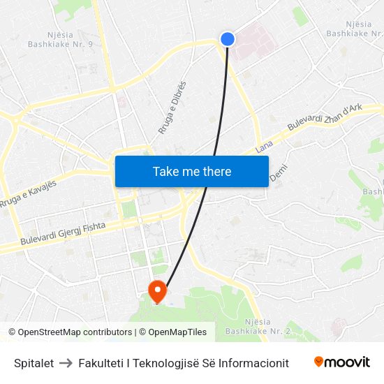 Spitalet to Fakulteti I Teknologjisë Së Informacionit map