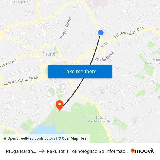 Rruga Bardhhyl to Fakulteti I Teknologjisë Së Informacionit map
