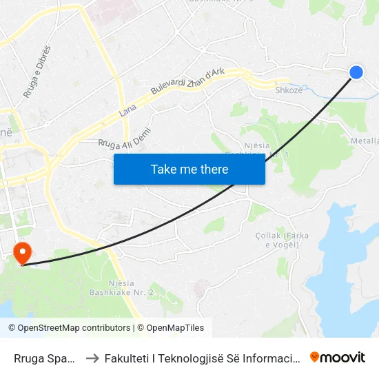 Rruga Spahiu to Fakulteti I Teknologjisë Së Informacionit map
