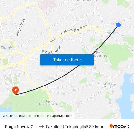 Rruga Novruz Qoshja to Fakulteti I Teknologjisë Së Informacionit map