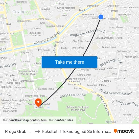 Rruga Grablieshi to Fakulteti I Teknologjisë Së Informacionit map