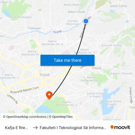 Kafja E Rremes to Fakulteti I Teknologjisë Së Informacionit map