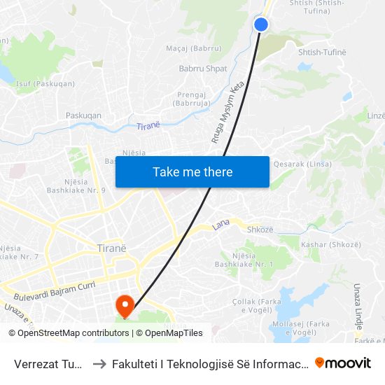 Verrezat Tufine to Fakulteti I Teknologjisë Së Informacionit map