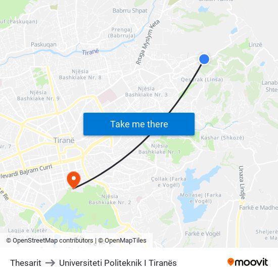 Thesarit to Universiteti Politeknik I Tiranës map