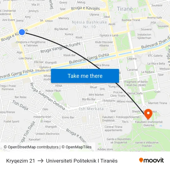Kryqezim 21 to Universiteti Politeknik I Tiranës map