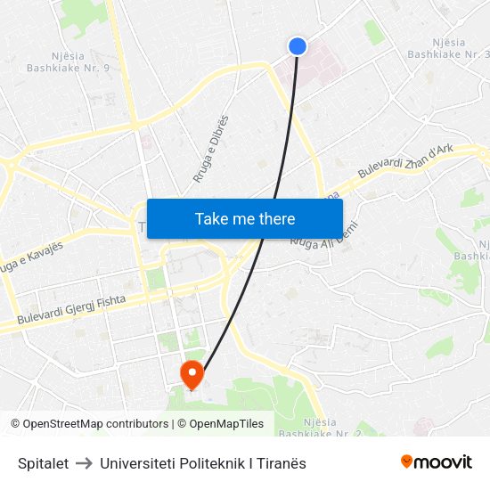 Spitalet to Universiteti Politeknik I Tiranës map