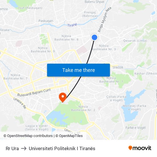 Rr Ura to Universiteti Politeknik I Tiranës map