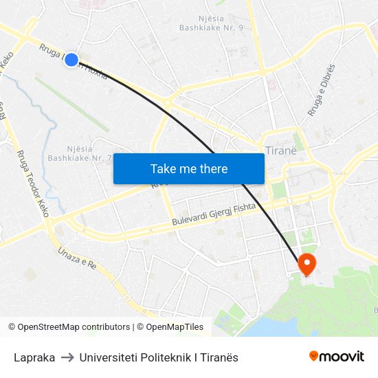Lapraka to Universiteti Politeknik I Tiranës map