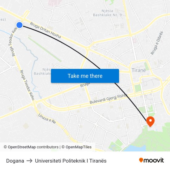 Dogana to Universiteti Politeknik I Tiranës map