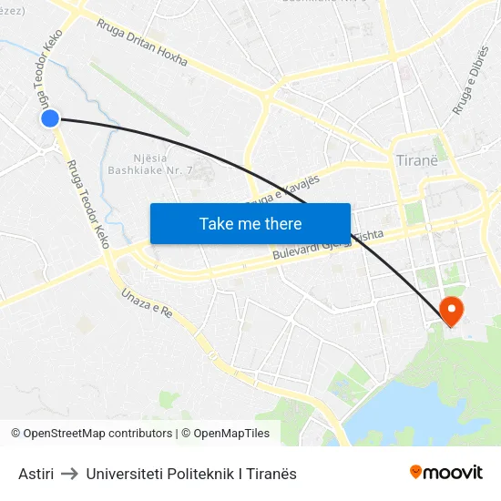 Astiri to Universiteti Politeknik I Tiranës map